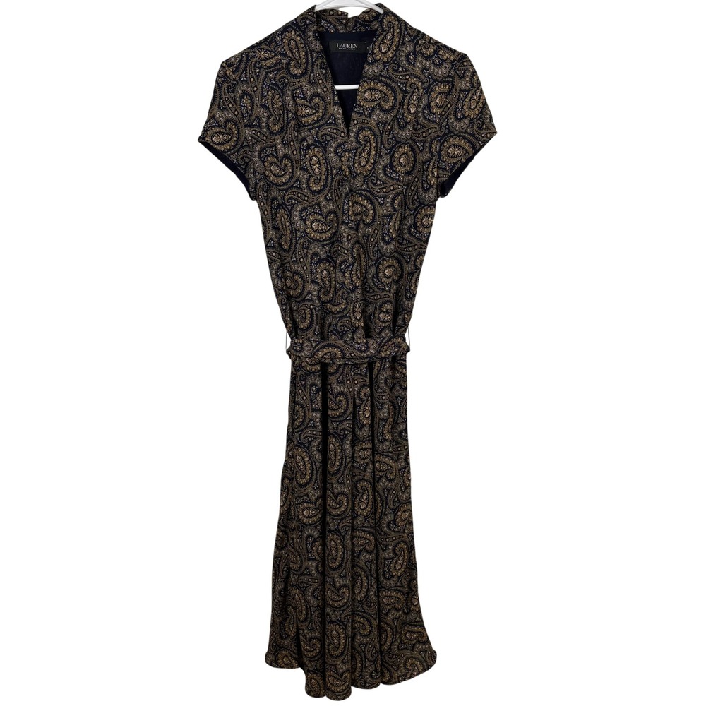 Lauren Ralph Lauren Dress Sz 6 Navy Gold‎ Belted V-Neck Midi Preppy Office